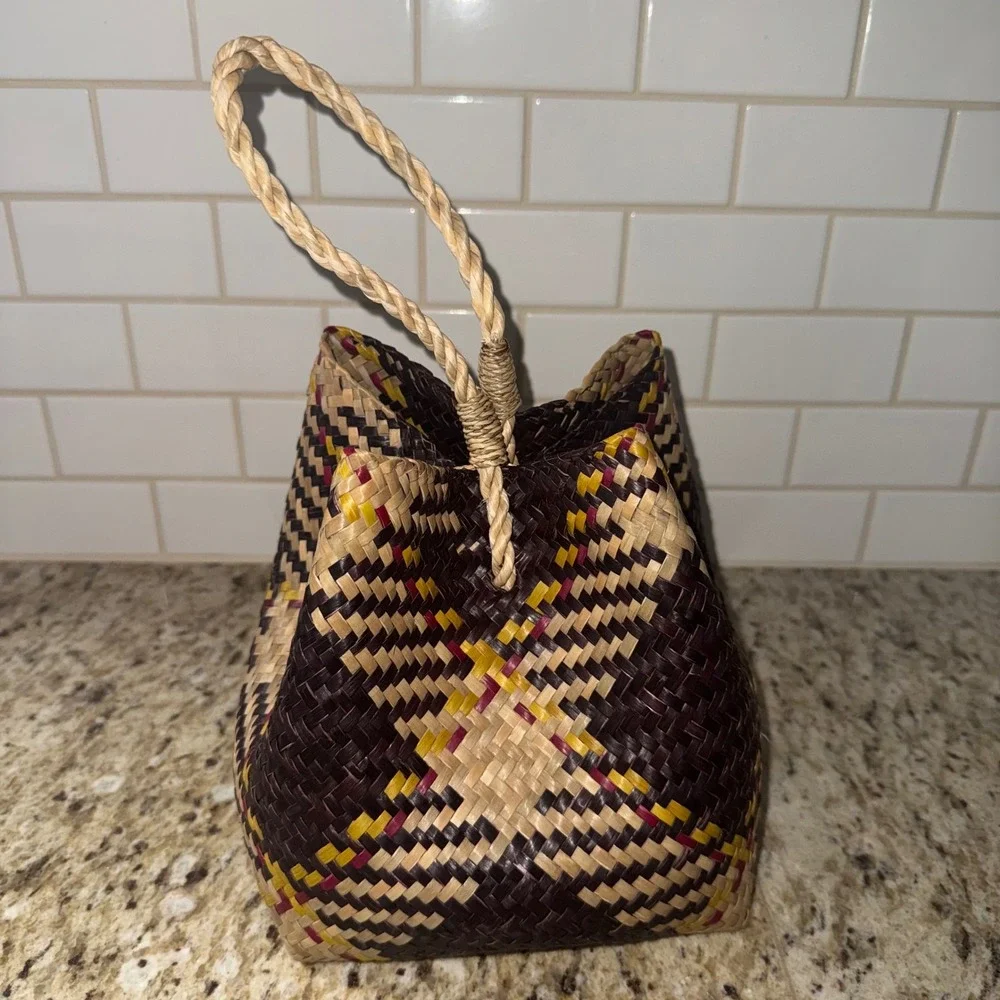 Handwoven Woven Palm Leaf Basket Purse Tote With Wooden Bead Closure & Handle